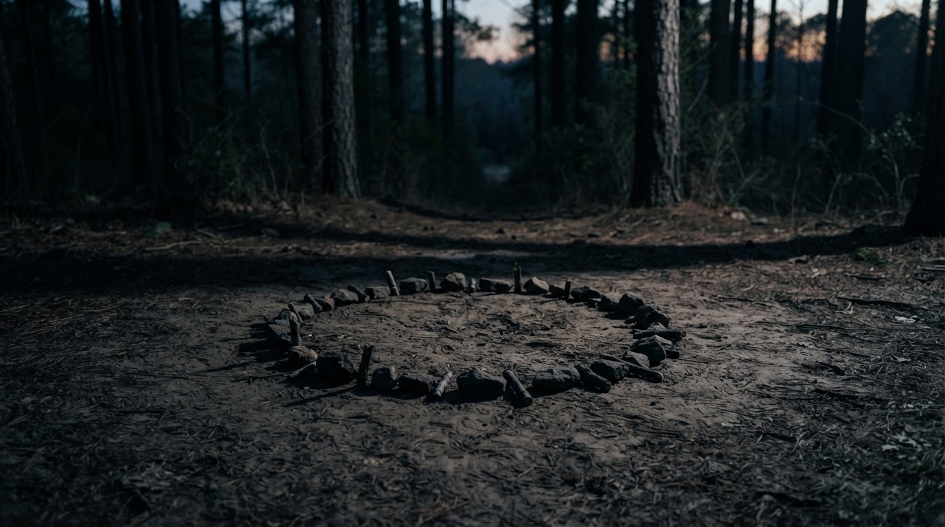 Small stones and sticks arranged in a ring on bare earth at dusk in the woods, long shadows, no people