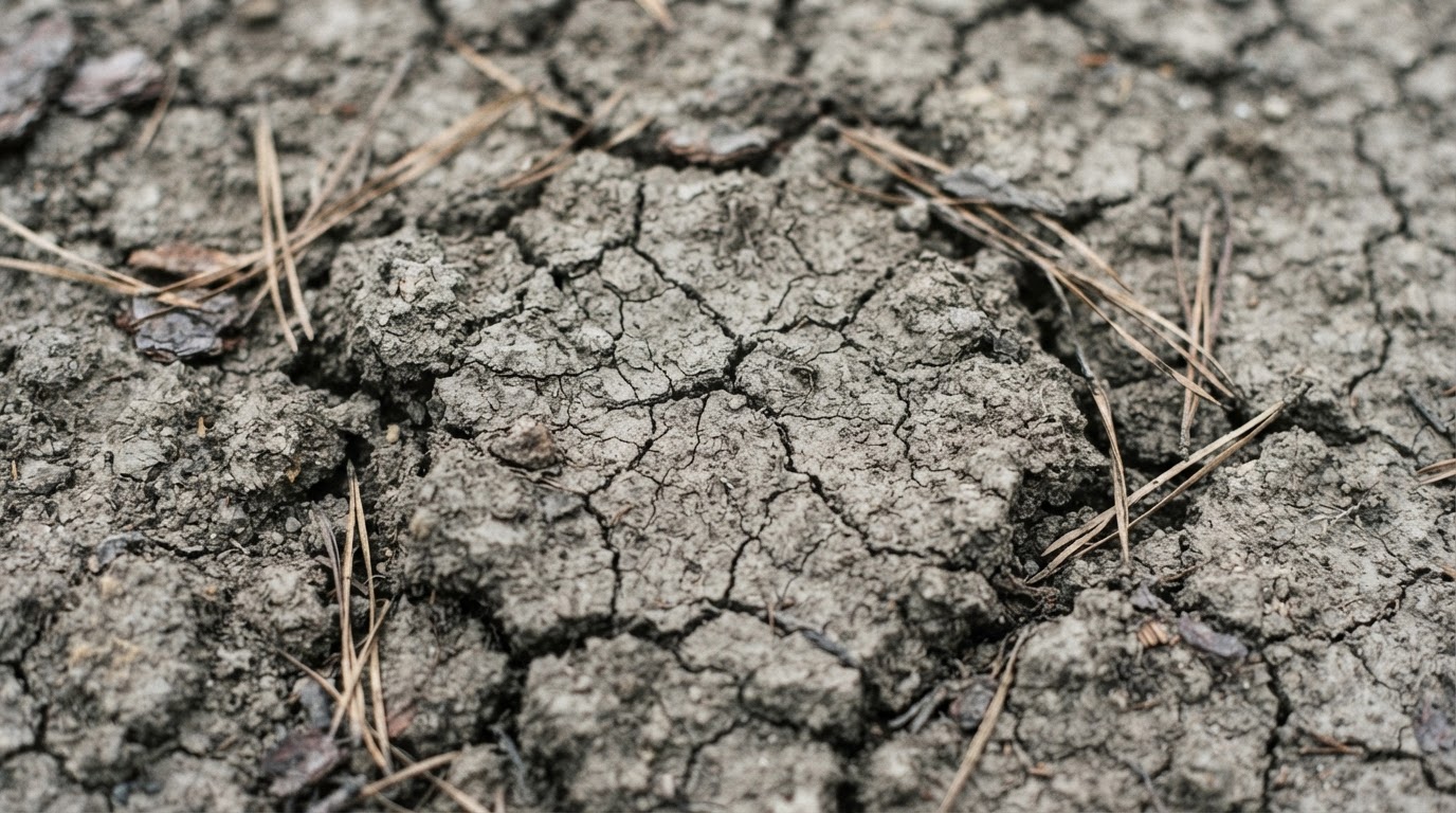 A close, textured view of hard cracked bare soil, dry and compacted, no plants growing, cold flat light