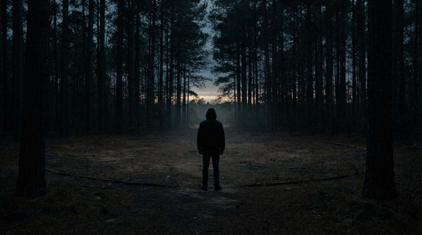 A lone silhouette standing at the edge of a bare circle in dim woodland at dusk, seen from behind, face not visible