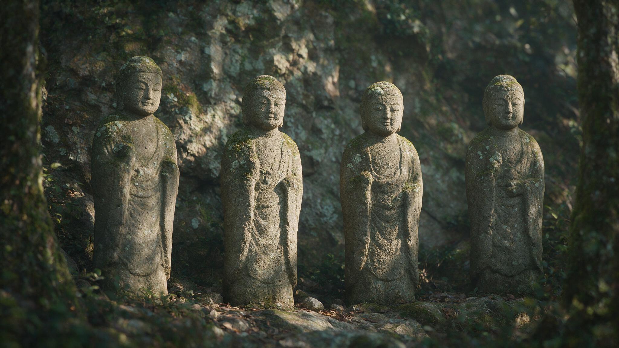 Several ancient stone Buddha statues standing in a row, moss-covered stone surfaces, photorealistic