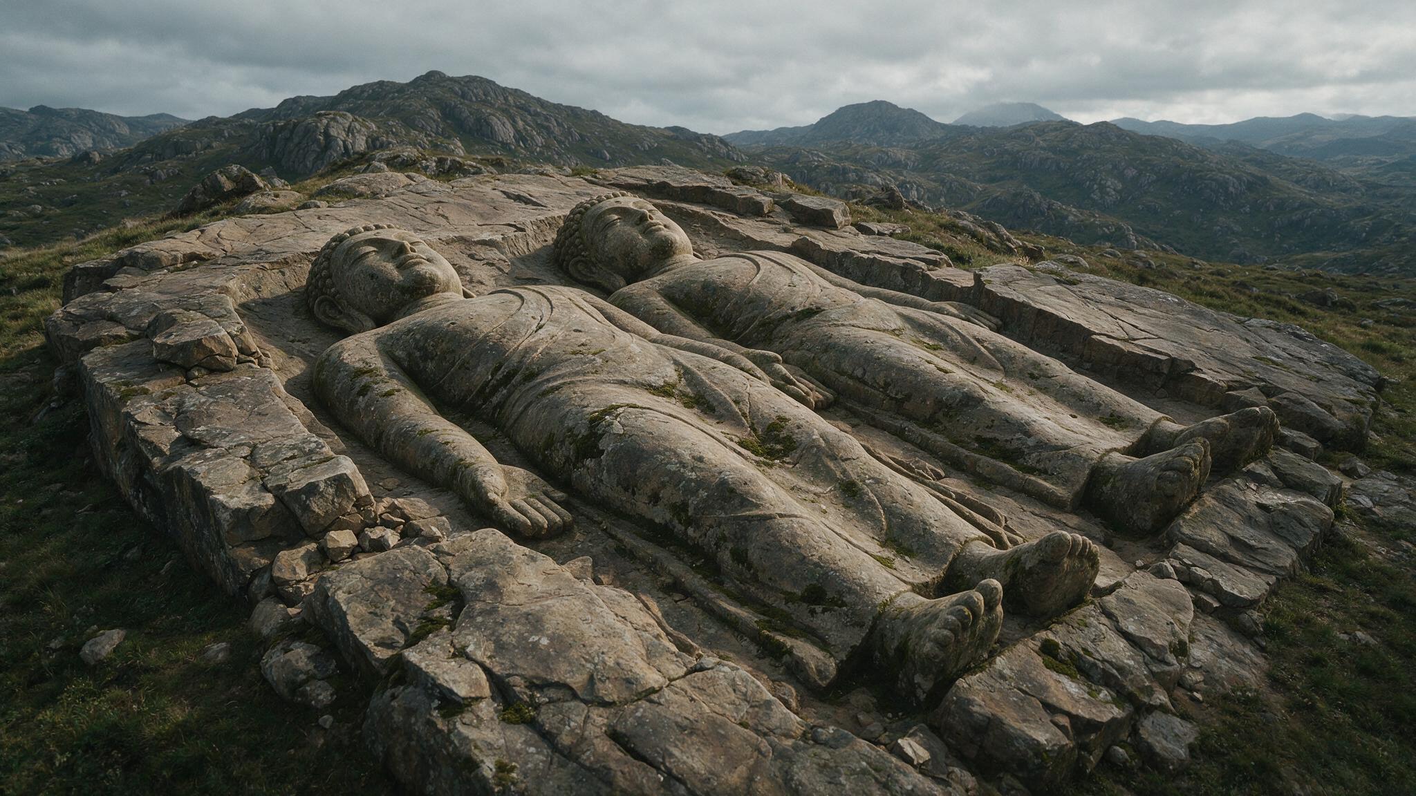 Two colossal stone Buddha figures carved lying side by side in the bedrock, faces turned to the sky, unfinished form, photorealistic