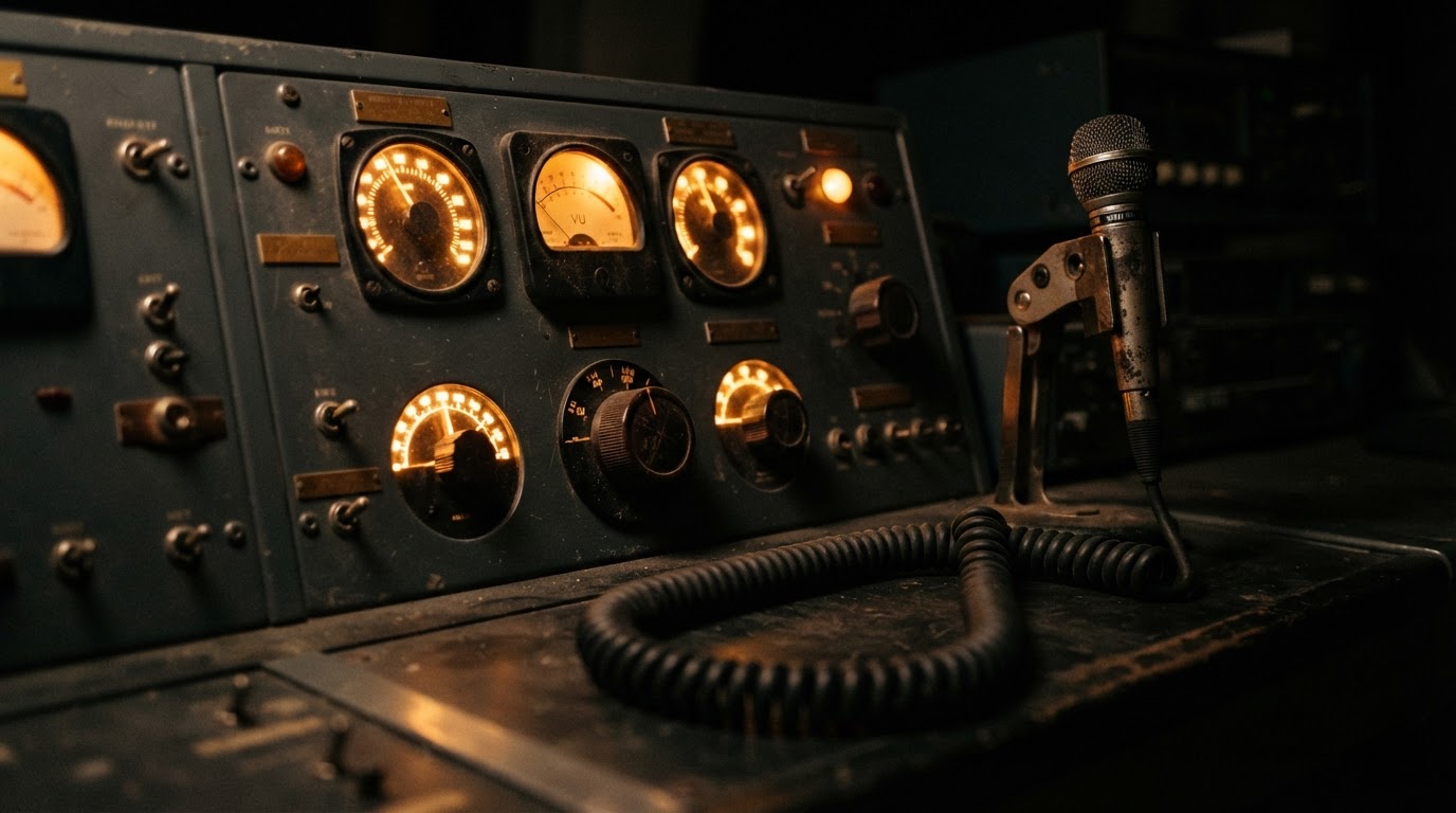 An empty 1970s air-traffic radio console lit only by warm amber dial glow in a dark room
