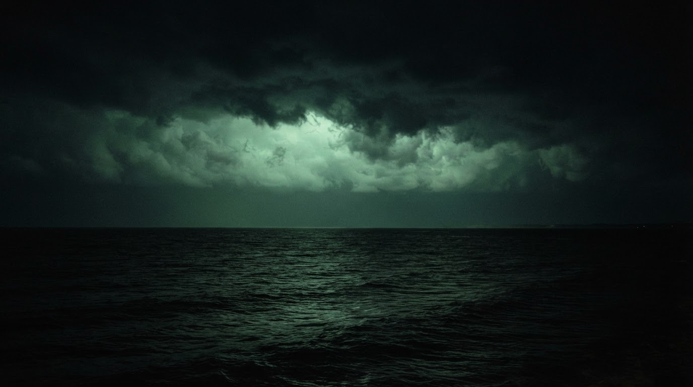 A small single-engine plane silhouetted alone against a darkening dusk sky over the ocean