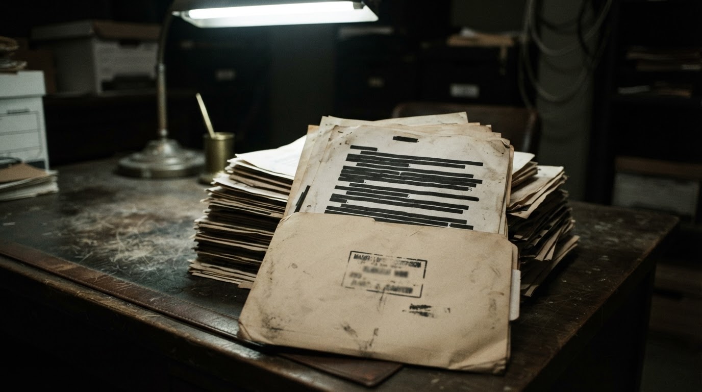 A stack of old declassified documents piled on a desk, blacked-out redactions visible here and there, the text illegible, photorealistic