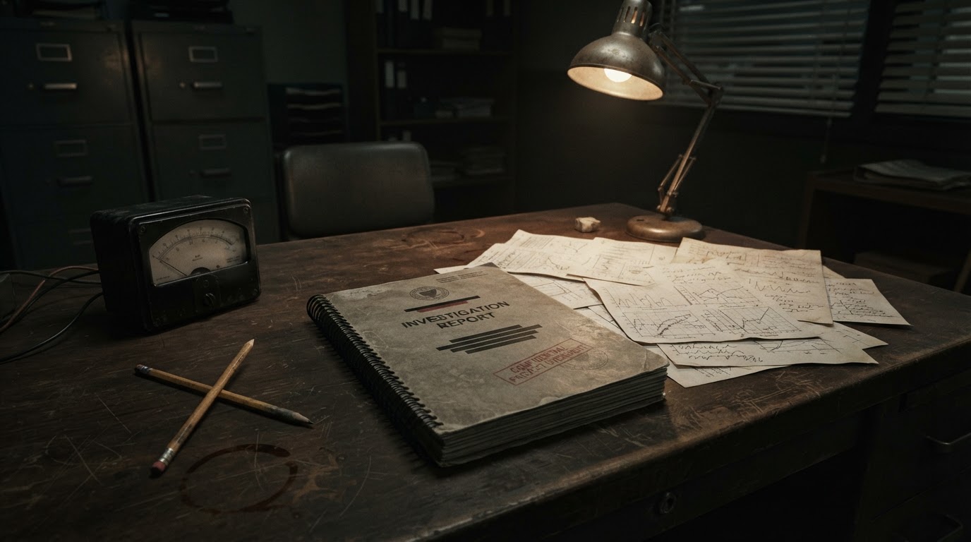 An old worn desk with the cover of an investigation report and scattered black-and-white data graphs, 1970s atmosphere, text illegible, photorealistic