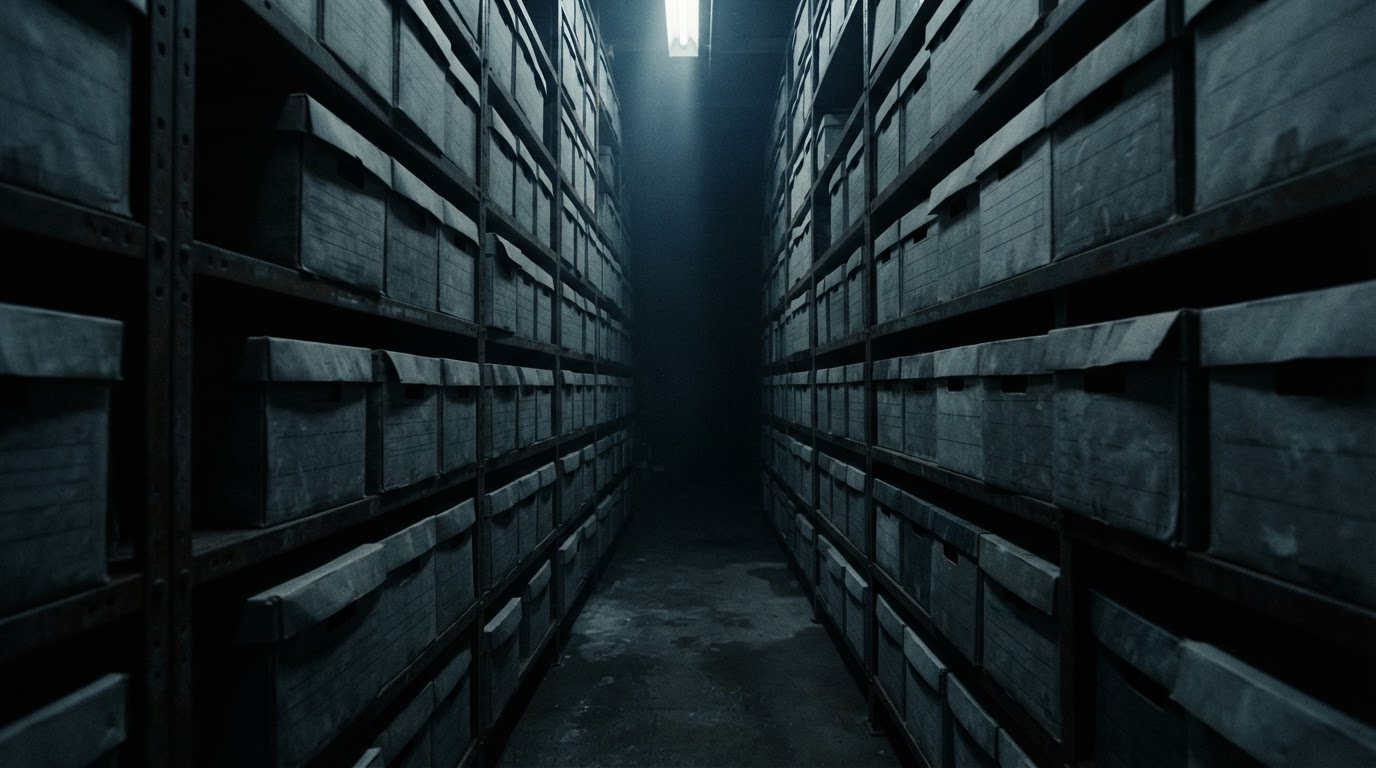 Inside a pitch-dark archive, shelves lined with rows of document boxes and a corridor vanishing into blackness, cold and chilling atmosphere, photorealistic