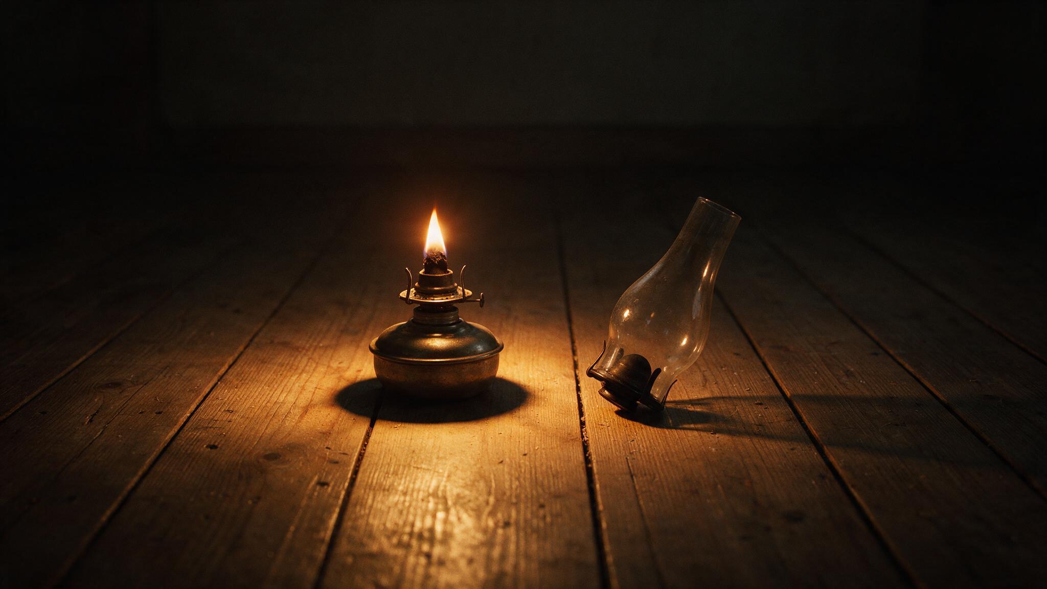 An old lit kerosene lamp on a wooden floor in a dark room, its glass chimney removed and set beside it, warm low glow