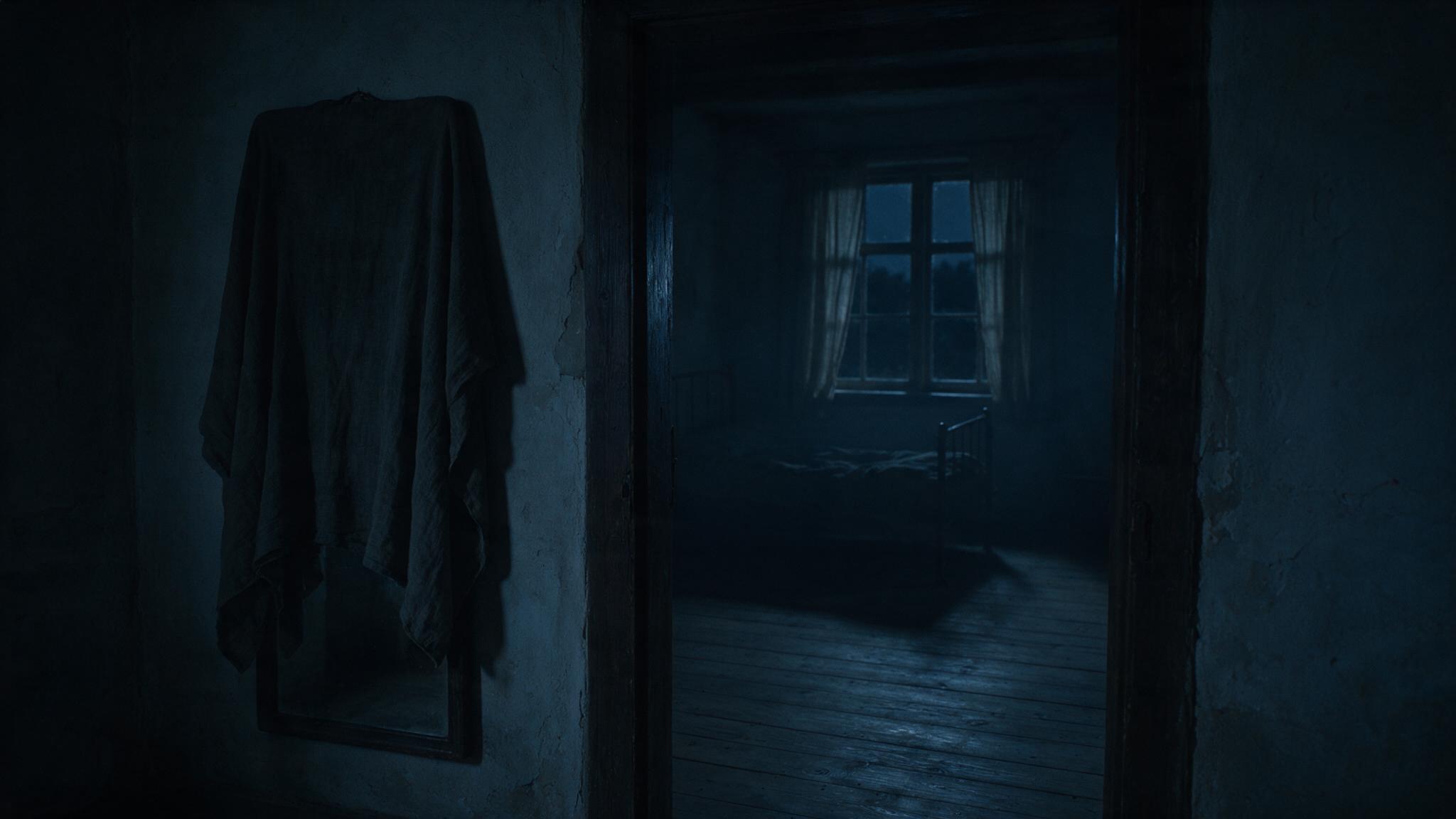 A shadowed bedroom doorway at night, a dark cloth draped over a mirror on the wall, faint light, no people