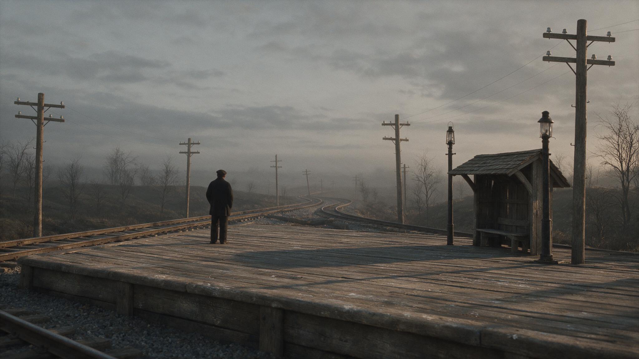 A lone figure in a long coat and hat seen from behind at a rural railway platform at dusk, face not visible, 1910s atmosphere