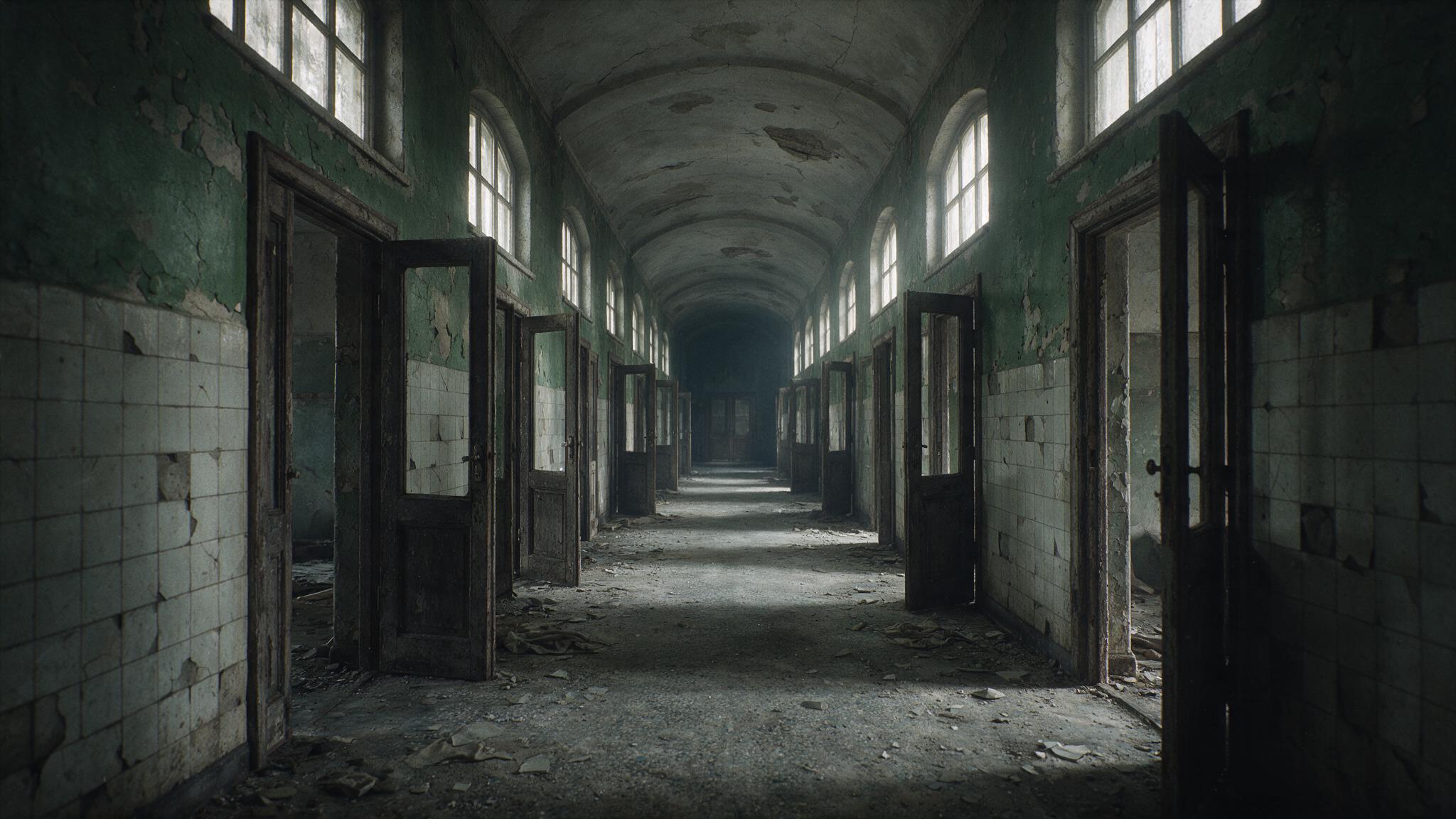 A long corridor in an old hospital, ward doors open on both sides and pale hazy light seeping through arched windows, walls with peeling paint and a dust-covered floor, empty of people, an eerie deserted atmosphere