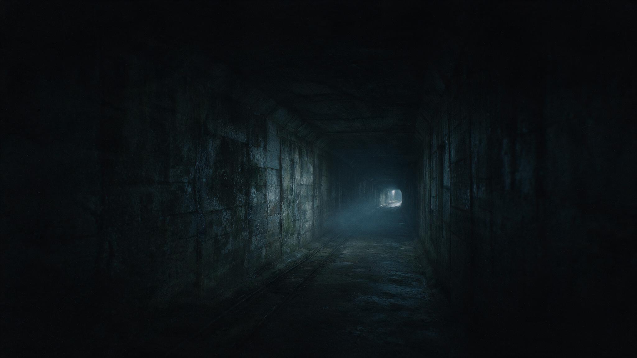 A dark underground concrete tunnel, a single faint point of light leaking in far down the long, gently downward-sloping passage, damp walls and traces of an old rail, empty of people, a chilling and eerie atmosphere