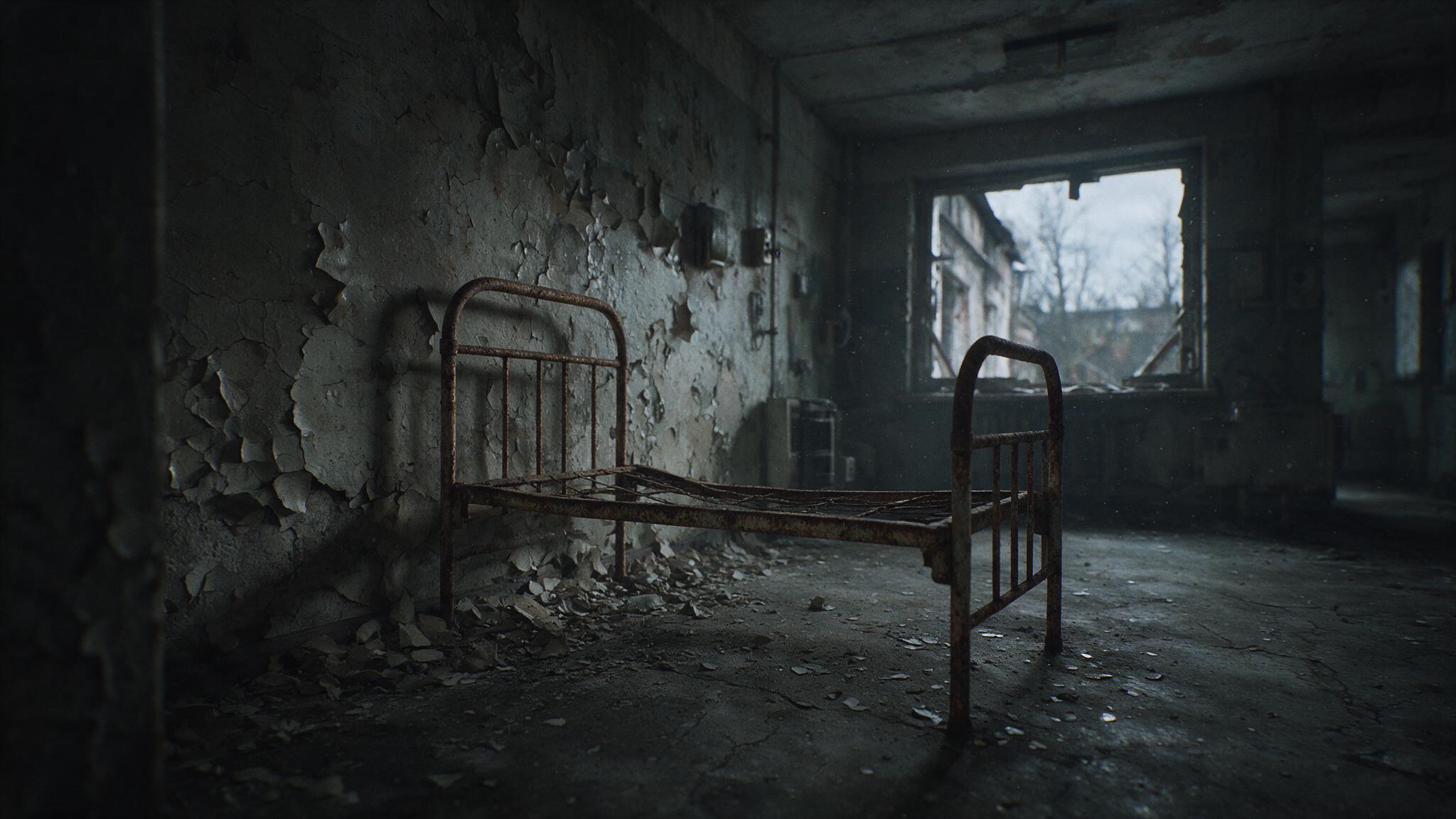 Inside an old hospital ward, a single rusted iron bed frame standing alone beside a wall of peeling paint, dim light coming through a broken window with dust drifting in the air, an abandoned, desolate, eerie atmosphere