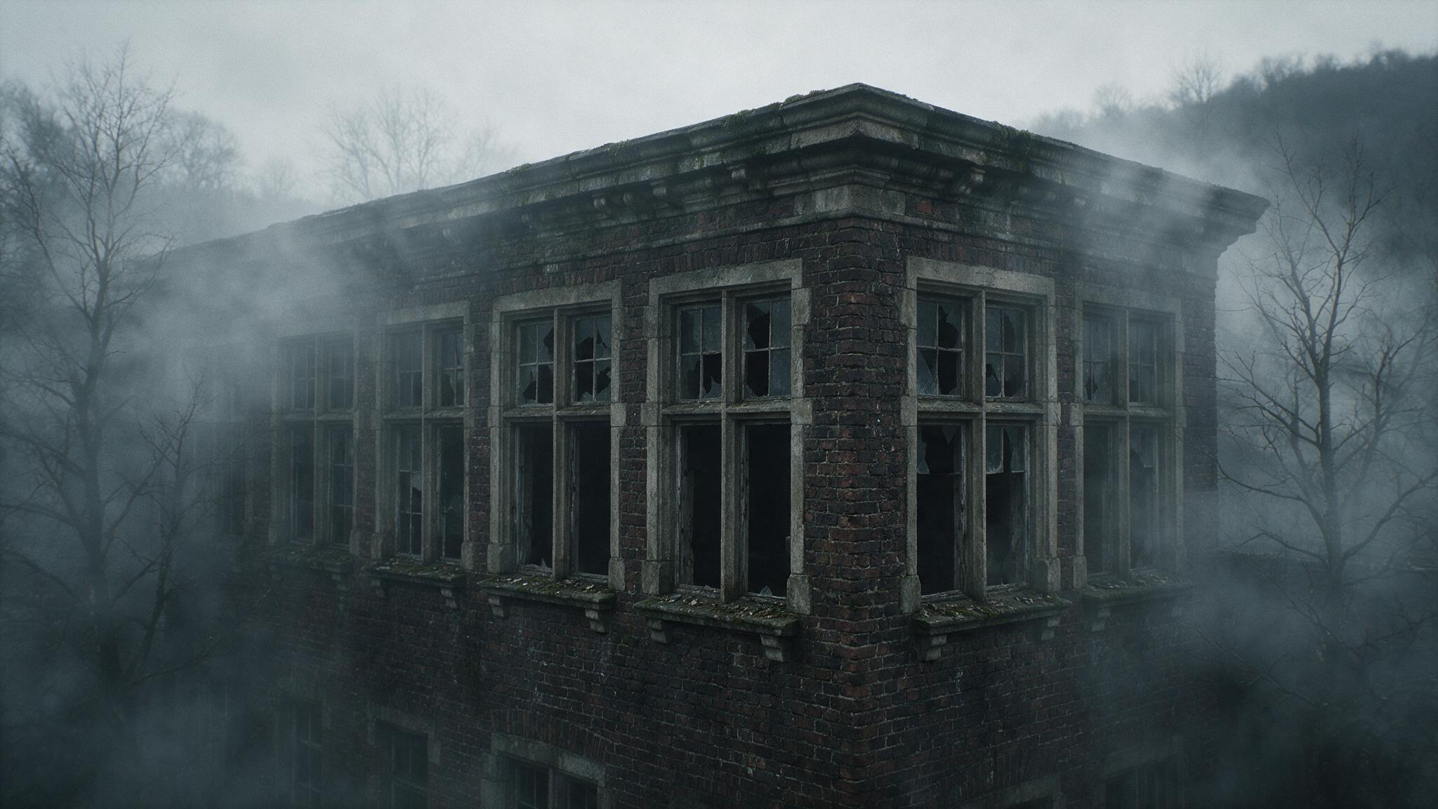 The upper floors of the abandoned hospital wrapped in thick fog, several broken windows lined up in the dark like empty eye sockets, an eerie close view, no people