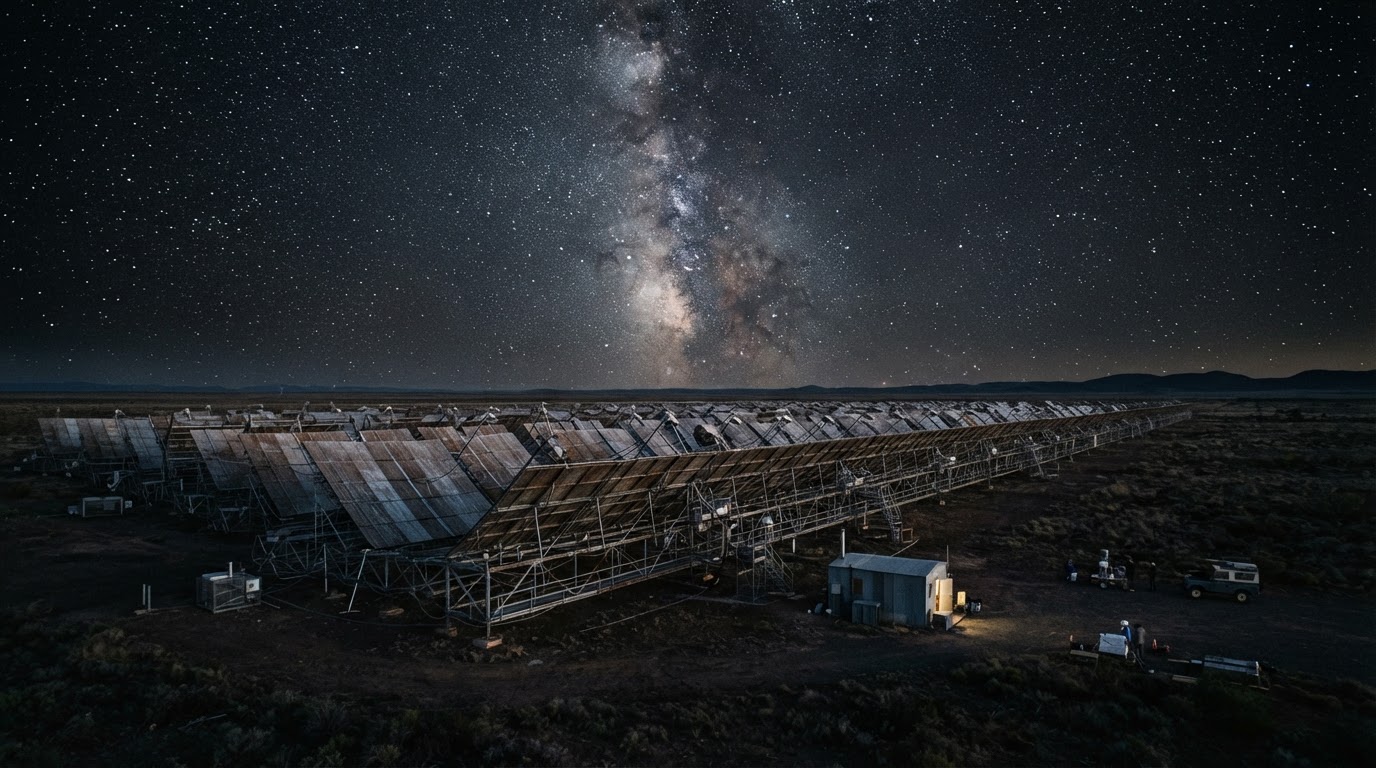 An enormous flat radio telescope array lying across open ground beneath a vast starry night sky, photorealistic and moody