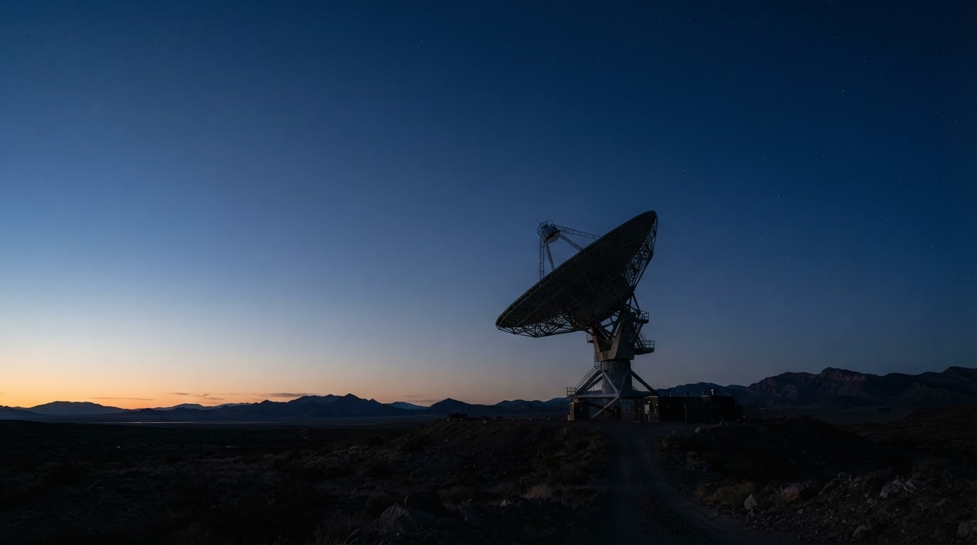 A lone radio observatory silhouetted against a deep blue sky at dusk, first stars appearing overhead, photorealistic and moody