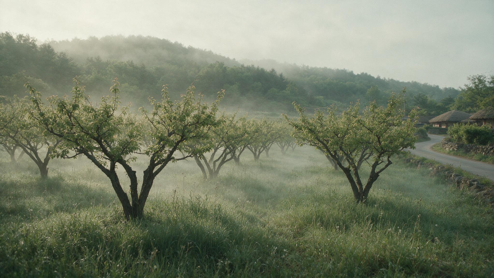 A low mist over a plum orchard in early-summer rural Korea, deserted grass, soft early-morning light