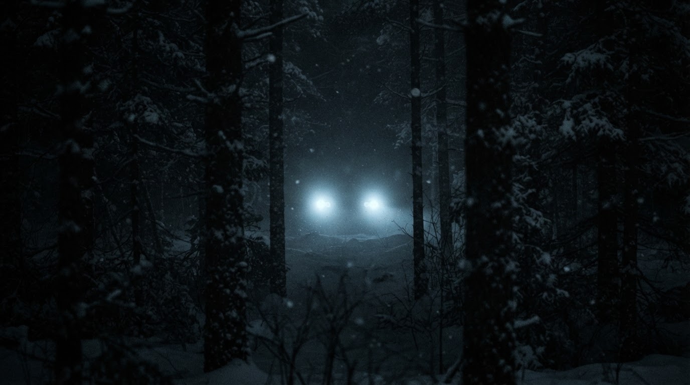 Dim headlights glowing through dark snowy woods at night