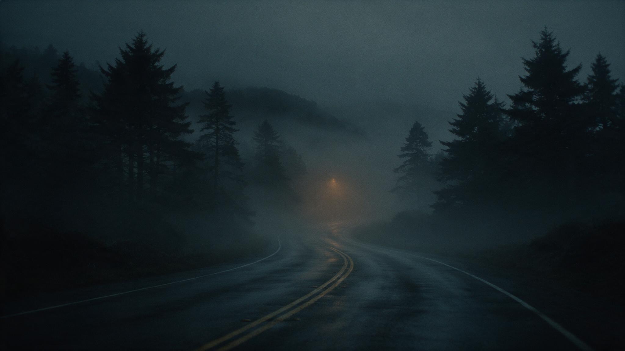 A foggy Northern California coastal road at night in the late 1960s, empty and lit by a single distant light